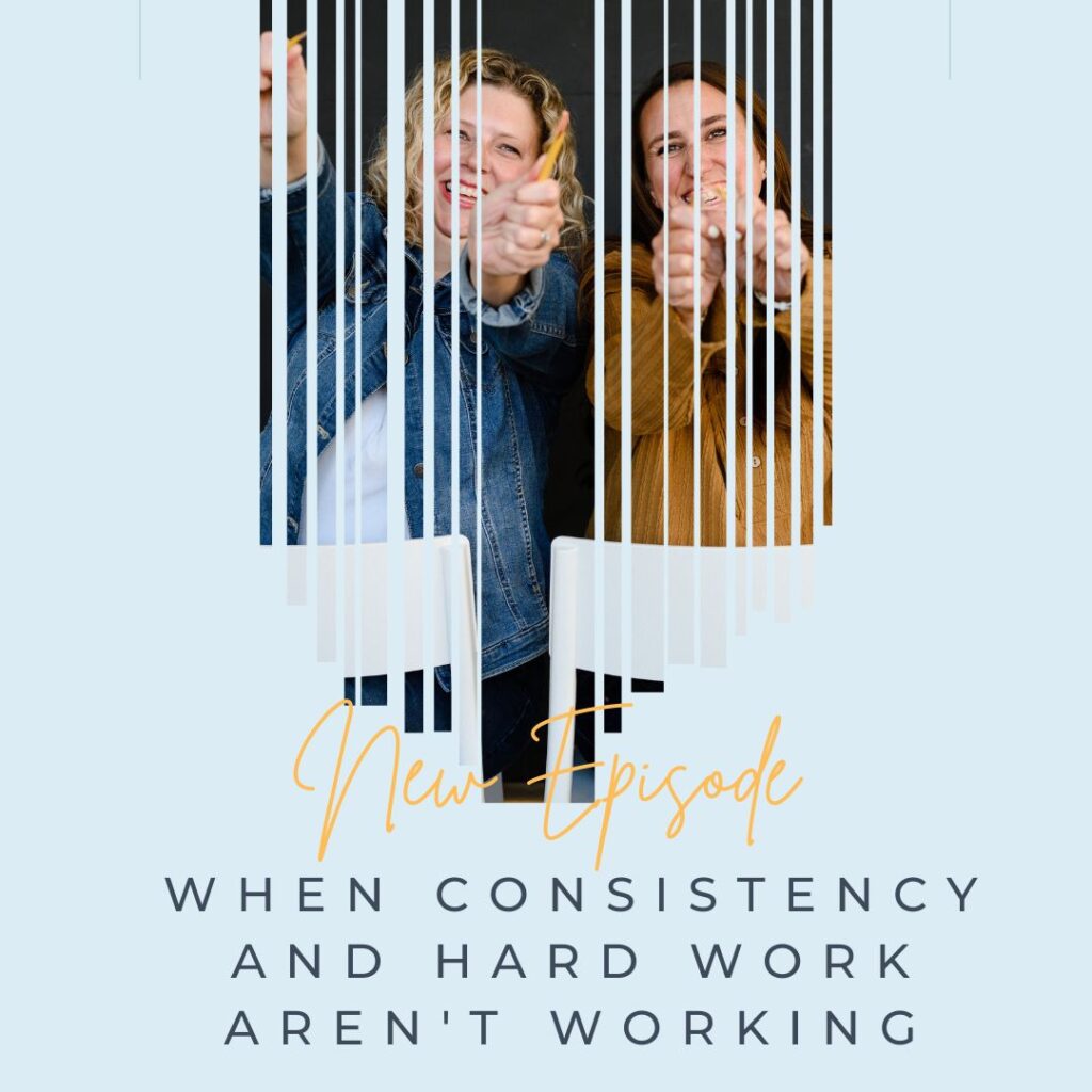 A blue background with a broken image of two women breaking pencils and words that say when consistency and hard work aren't paying off