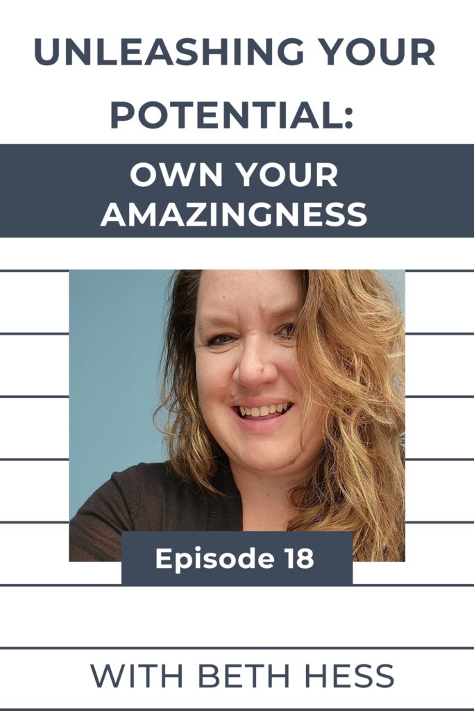 A graphic of a Christian woman business owner smiling and blue words talking about unleashing your potential and owning your amazingness.