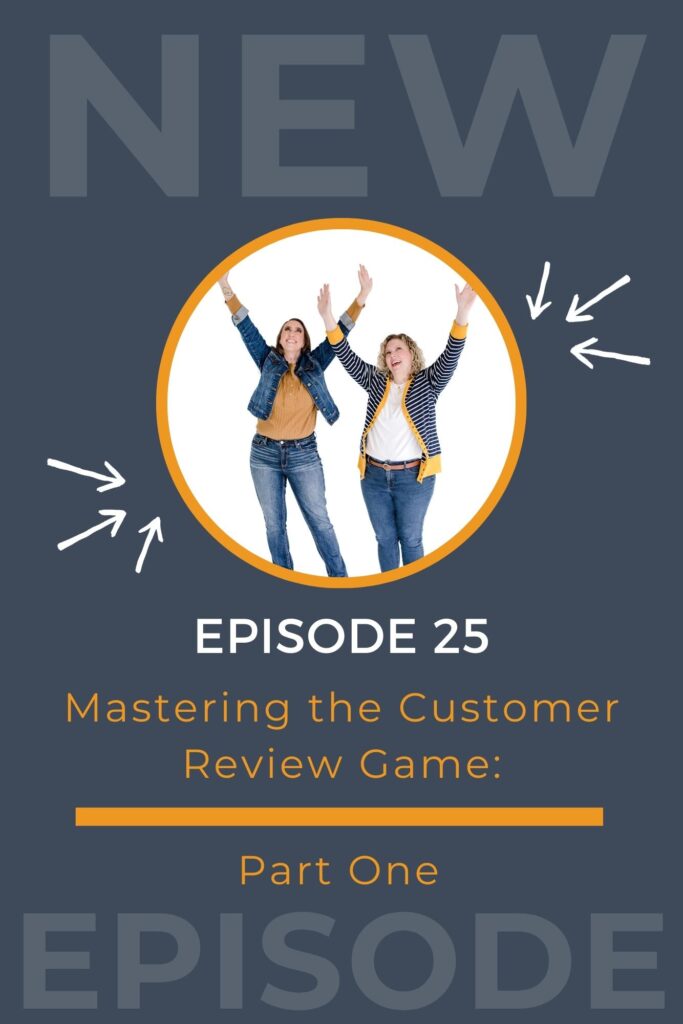 A blue graphic with two christian women who have a podcast are reaching up in the air because they are excited that they have mastered the review game for their business.