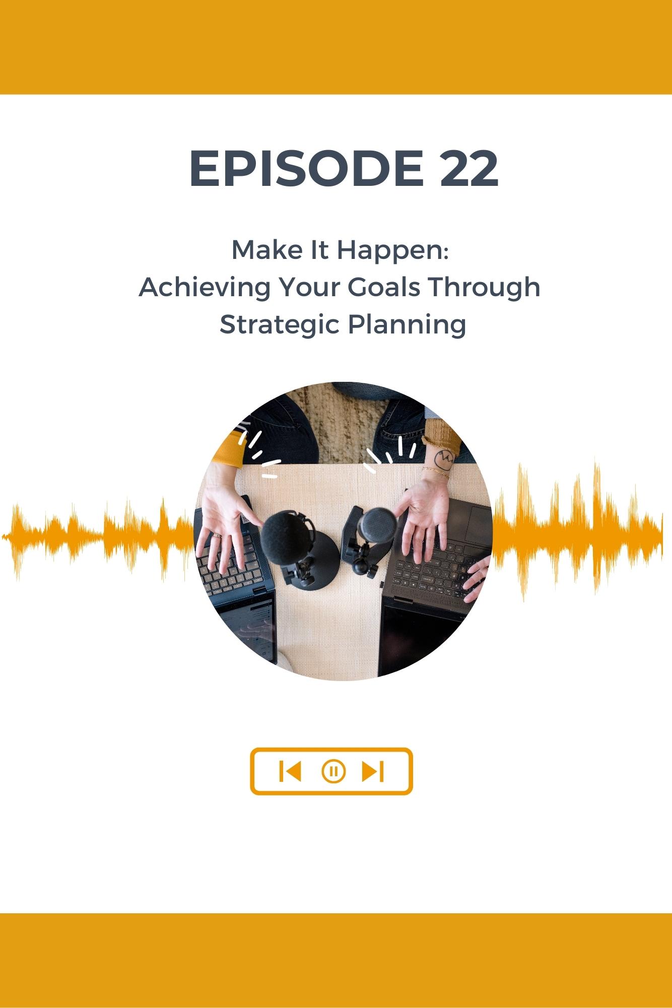 A white podcast graphic for a christian womens business podcast with yellow accents and the words Make it Happen, Achieving your goals through strategic planning.