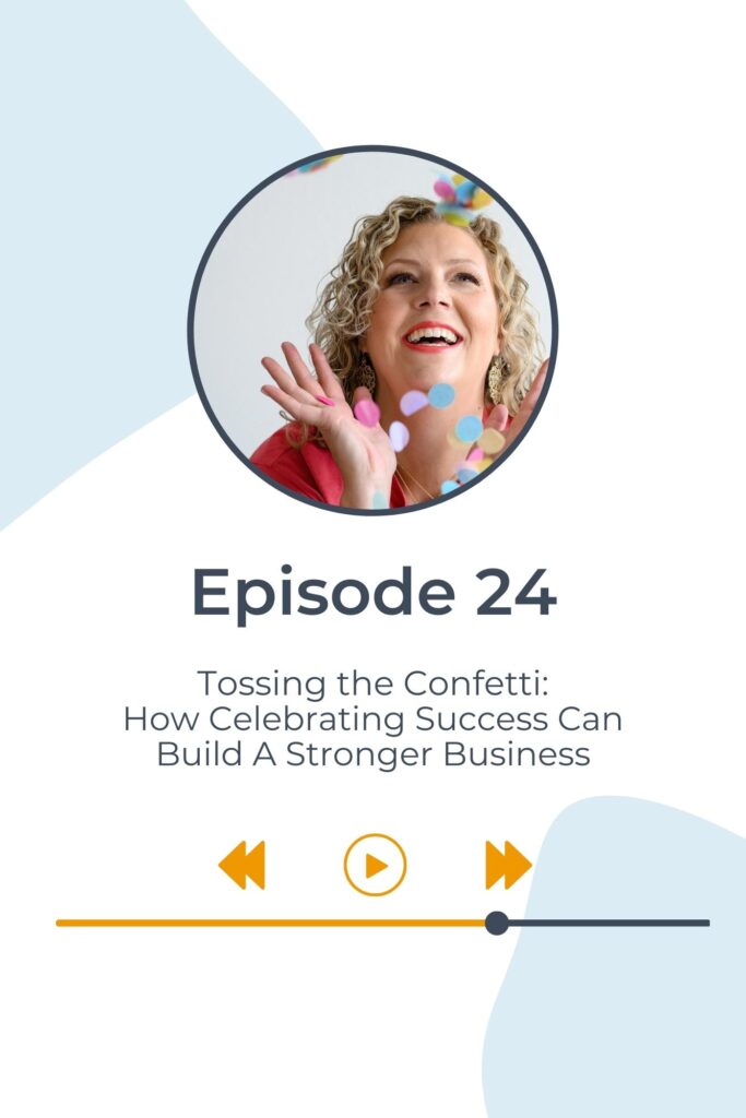 A photo of a woman business owner looking up and confetti falling all around her as she celebrates business success and building a strong christian business on a podcast.
