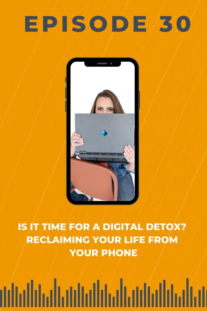 A Yellow background and a graphic of a phone with a woman christian businessness podcast host hiding behind a computer and the words "is it time for a digital detox"?