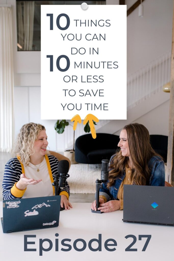 Two Christian women business owners sitting looking at each other and talking about their womens business podcast about what you can do in 10 minutes to save time in your business.