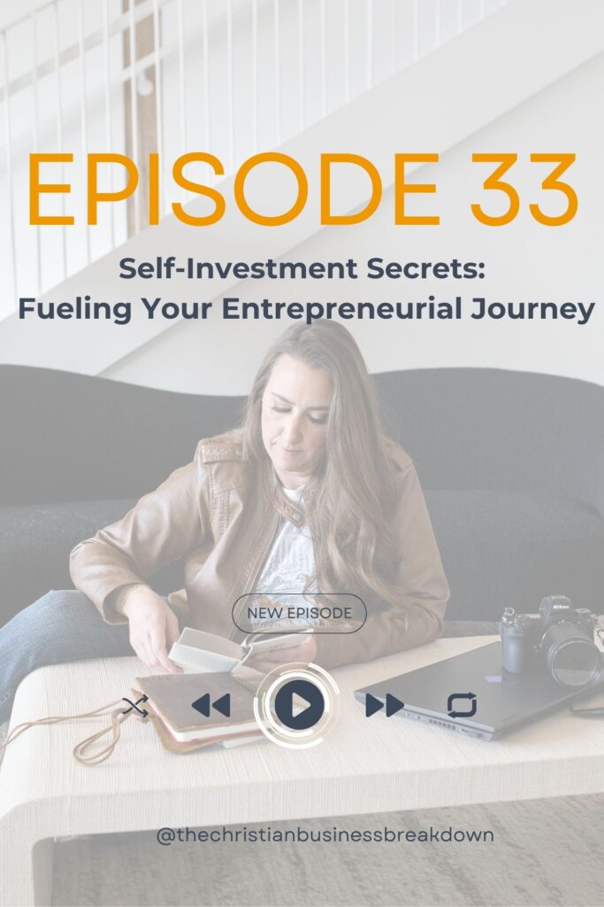 A christian womens business podcast about investing in yourself as a business owner. A woman sitting at a table looking at a journal.
