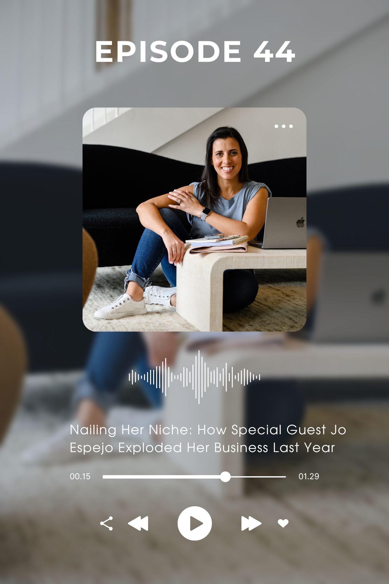 A picture of a Christian woman business owner sitting on the floor in front of a table with the graphic about nailing your niche for your business.