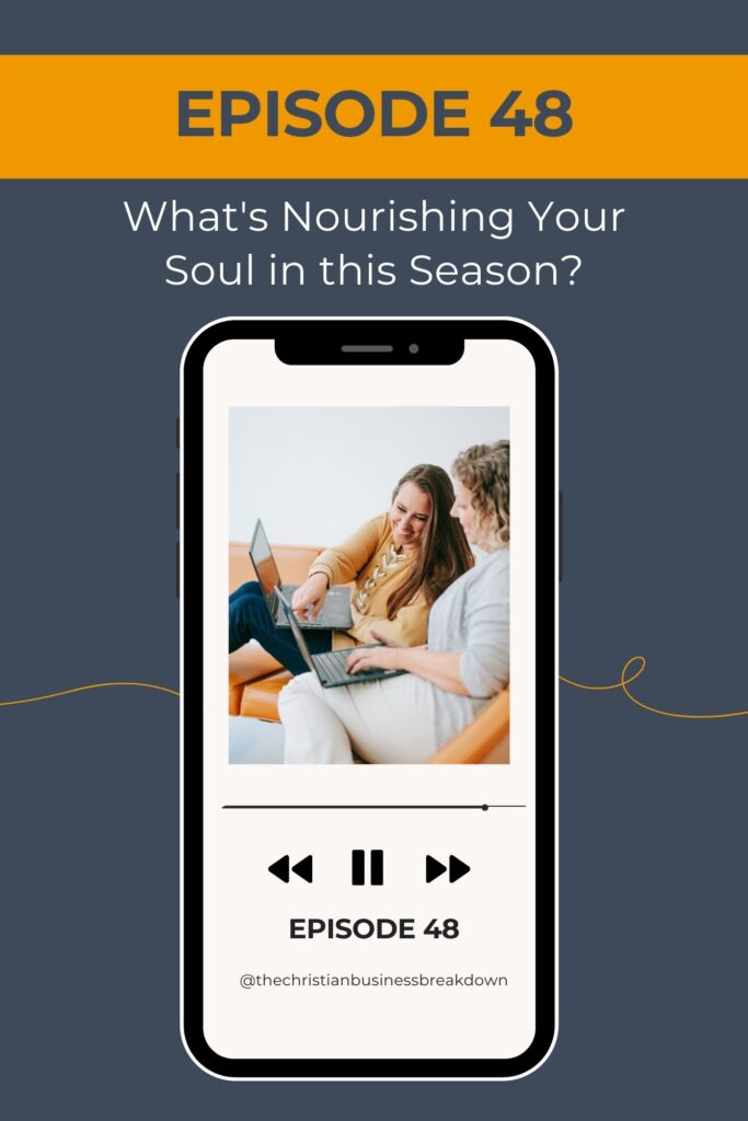 This graphic for a Christian business podcast for women has a phone with the picture of two christian business owners looking at a laptop and working together while talking about what is nourshing their souls this season.