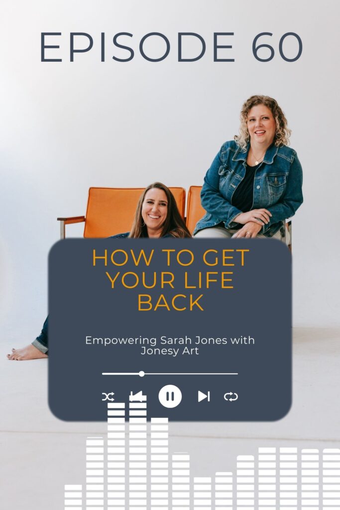 Two christian women and podcasters sitting on and near a couch with a graphic for Christian women's business podcast about how to get your life back.