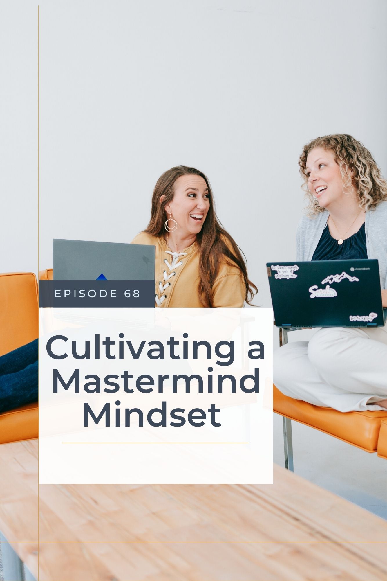Two women Christian business owners looking at each other as they are talking about mastermind mindset for their Christian Business podcast for women.