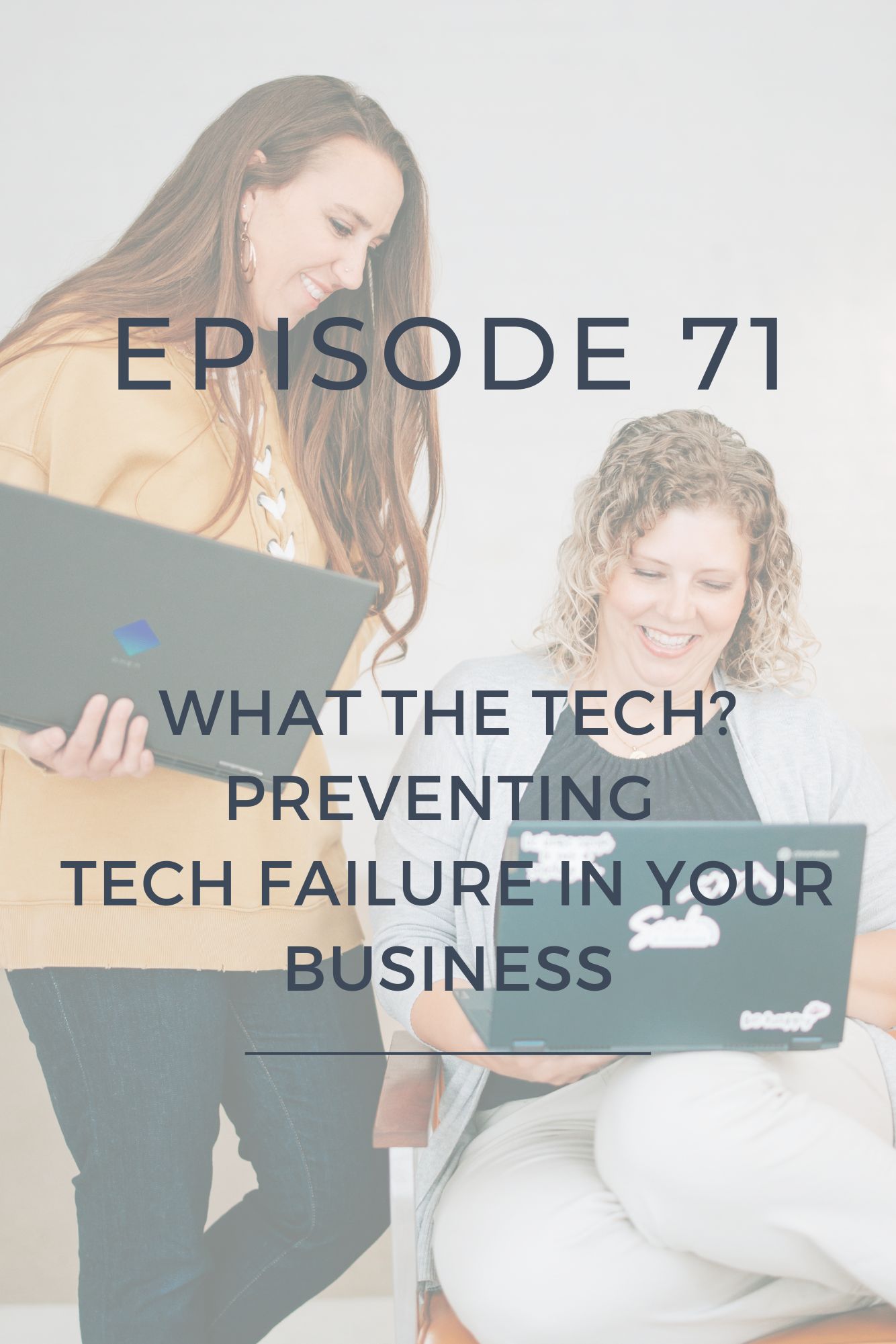 Two Christian women business owners looking at their computers and talking about their Christian womens business podcast about tech failure in their Christian business podcast.