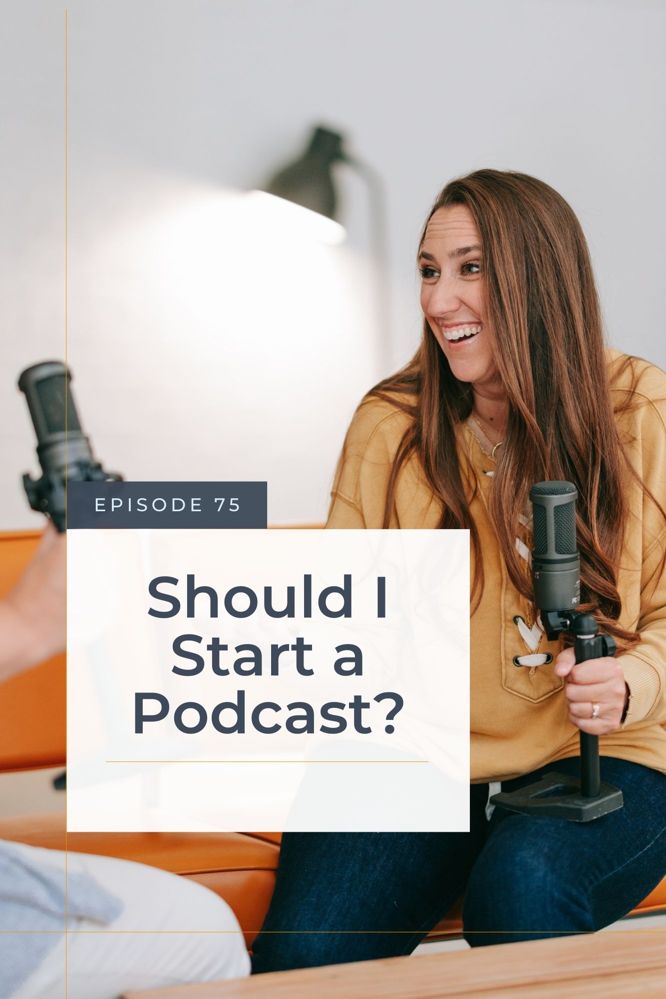 This podcast for Christian women business owners is all about the idea of "should I start a podcast" and has a graphic of a dark haired woman holding a podcasting mic and talking to another Christian business owner.