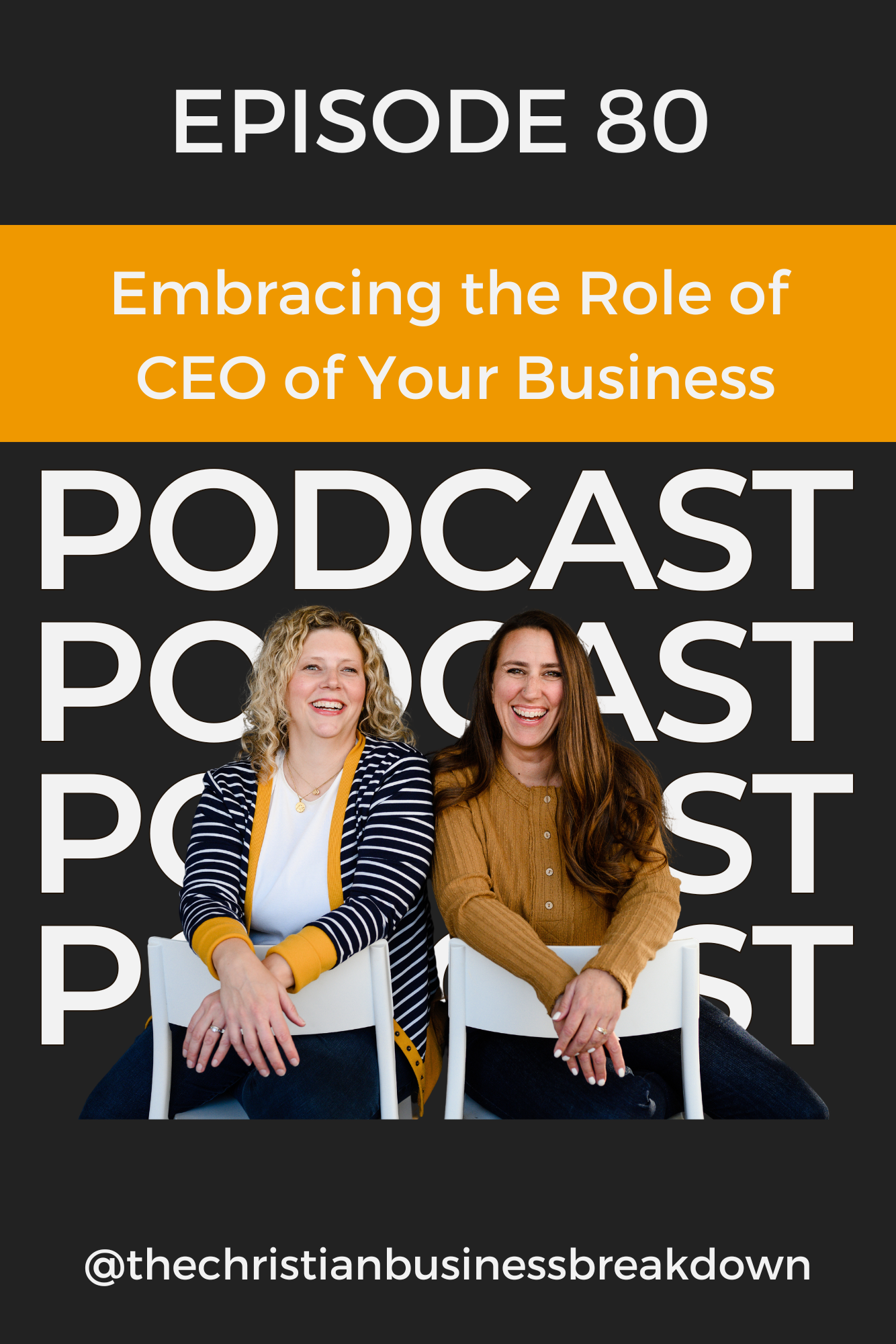 Two women who are Christian business owners and who host a podcast for Christian women who are in business sit on chairs with a graphic that says Embracing the role of CEO in your business.