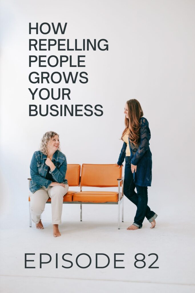 Two Christian women business owners sit on either side of an orange couch discussing their podcast about how repelling people grows your business.