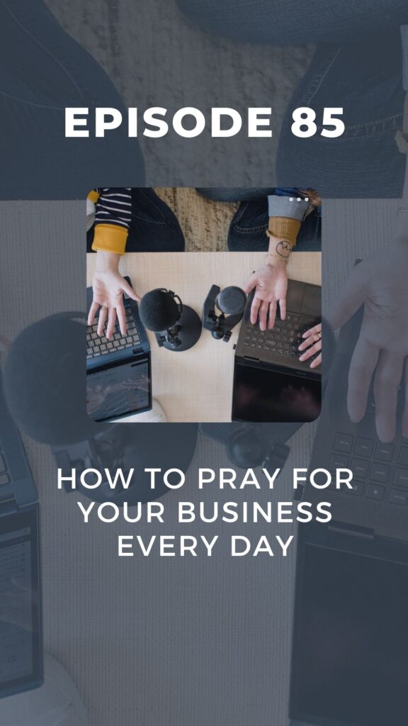 A photo of hands open above 2 computers in the praying position for a podcast for Christian women business owners who want to learn how to pray for their business on a daily basis.