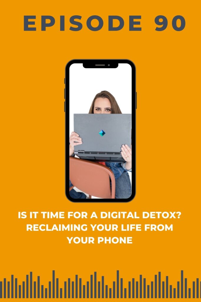 A woman holding a computer in front of her face talking about how to do a digital detox and reclaim your life from your phone for a Christian business podcast for women. 